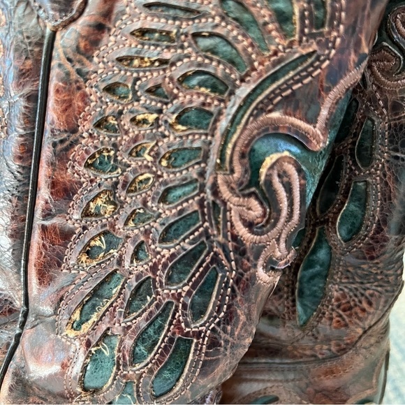 CORRAL Chestnut Turquoise Wing Fleur de Lis Snip Toe Cowgirl Boots Size 9.5 - Picture 9 of 13